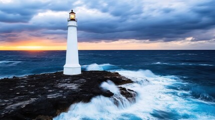 Obraz premium Lighted lighthouse on rocky coast with dramatic ocean waves during sunset.