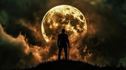 Silhouetted man with a weapon stands on a hill under a large, ominous moon.