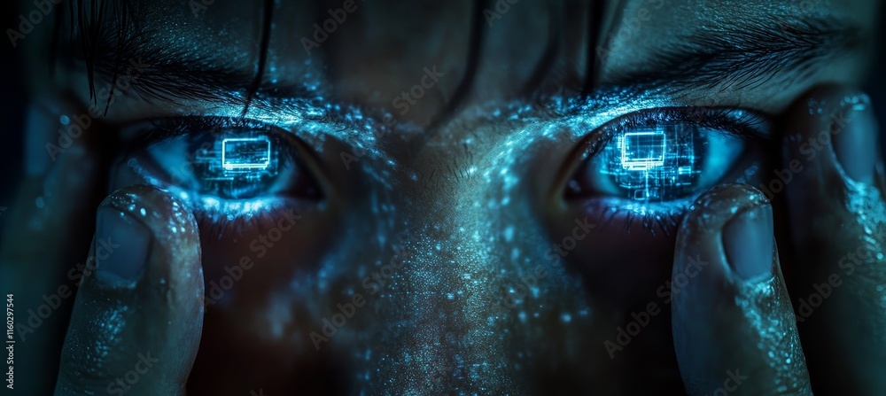 Poster Smart human digital eyes with artificial intelligence system. Technology wireless server communication system. Generative AI technology.	

