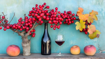 Elegant wine and fruit arrangement rustic setting still life photography vibrant colors artistic...