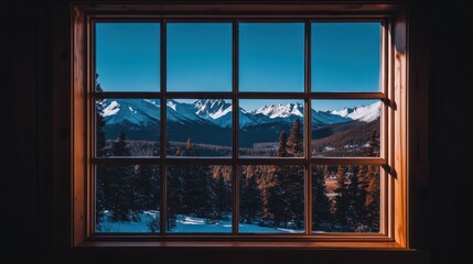 Fototapeta premium Mountain view through rustic wooden window.
