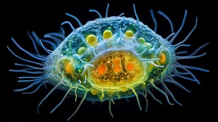 Fototapeta premium Microscopic view of a single-celled organism with numerous cilia.