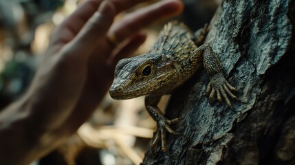 Obraz premium Close-up of a lizard on a tree trunk, a hand gently approaches.