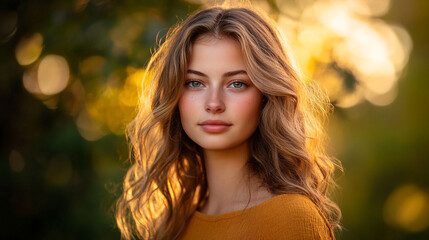 Naklejka premium Girl with long wavy hair smiles softly against a warm, illuminated background during golden hour