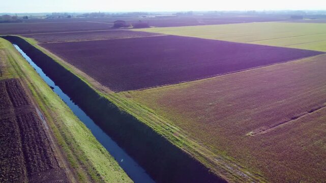 Aerial shots taken with a drone on a cultivated field during a sunny day
