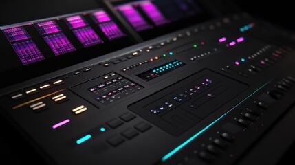 Obraz premium Close-up of a professional audio mixing console with glowing buttons and digital displays.