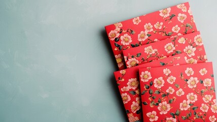 Chinese new year customs concept. Colorful floral-patterned envelopes on a blue surface.