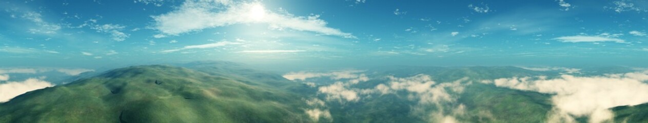 Panorama of a landscape with hills from a height of flight, 3d rendering