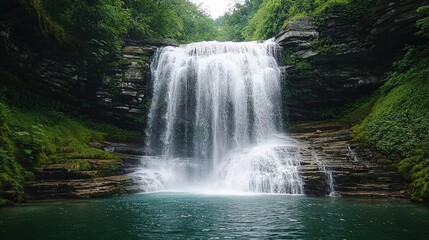 Fototapeta premium A serene waterfall cascades down rocky cliffs into a tranquil pool, surrounded by lush greenery and mist, creating a picturesque natural scene.