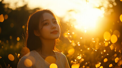 Fototapeta premium Young woman enjoys the golden sunset in a serene outdoor setting filled with flowers
