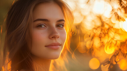 Fototapeta premium Portrait of a young woman with glowing skin against a sunset background, capturing serene beauty