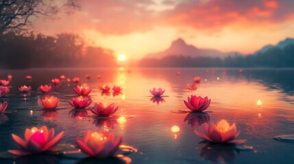 Serene sunset over a tranquil lake adorned with glowing lotus flowers.