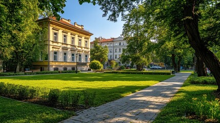 Sunny park with a grand yellow building and lush green lawns, tree-lined pathways.