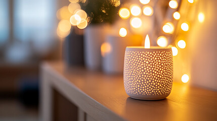 Soft candlelight glows in a cozy setting with warm bokeh background
