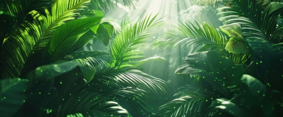 Lush green tropical rainforest with sunlight streaming through leaves.