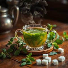 Traditional Moroccan mint tea in a glass cup with steam and mint leaves, served on a wooden plate with sugar cubes