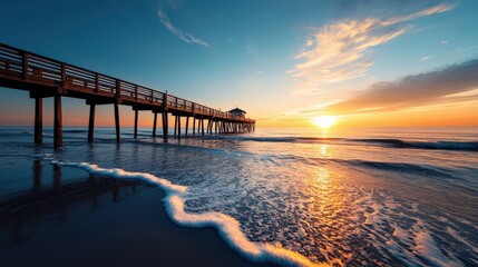 Obraz premium A serene sunset view over the ocean with a wooden pier extending into the water, reflecting warm hues in the sky.