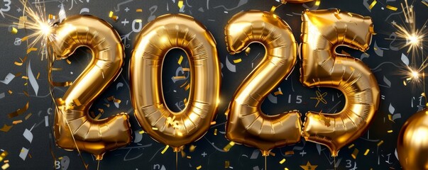 happy new year 2025 in golden foil balloons shaped. MZ