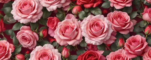 Obraz premium Seamless romantic roses pattern in shades of pink and red, floral, love