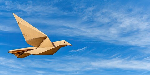 A paper bird crafted from origami soars against a bright blue sky, embodying creativity and the art of folding.
