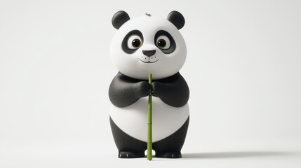 Fototapeta premium Cute cartoon panda holding bamboo stalk.
