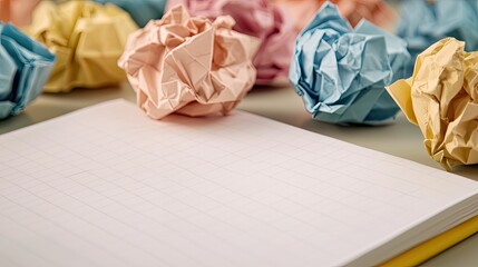 A blank notepad surrounded by colorful crumpled paper balls, symbolizing brainstorming and creative thinking.