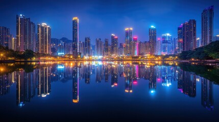 Fototapeta premium Night cityscape reflected in calm water.