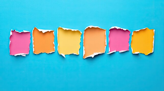 Colorful torn paper pieces on a blue background create a vibrant, eye-catching visual perfect for creative design or artistic projects.