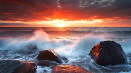 Fiery Sunset Over the Ocean Waves Crashing on Rocky Shores