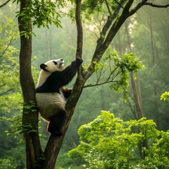 Obraz premium Majestic Panda Ascends a Lush Forest Canopy