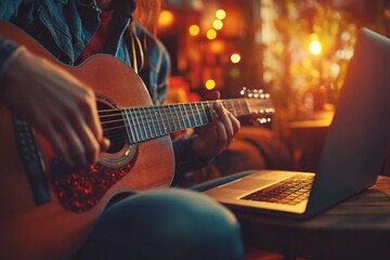 Naklejka premium Evening Acoustic Guitar Practice with Laptop in Warm Lighting