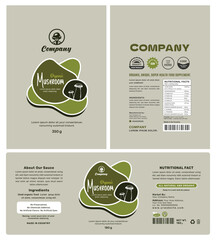 Modern organic mushroom food packaging label design, earthy green tones, a minimal and unique health supplement with an eco-friendly clean layout.