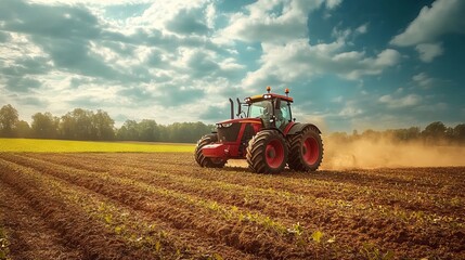 Fototapeta premium Modern combine harvester and tractor efficiently harvesting mature wheat crops in expansive golden wheat field under clear blue sky during peak agricultural season