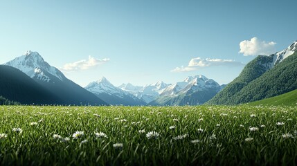 Fototapeta premium A serene landscape featuring lush green grass, wildflowers, and majestic mountains under a clear blue sky.