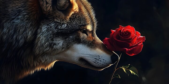 A wolf gently sniffs a dark red rose.