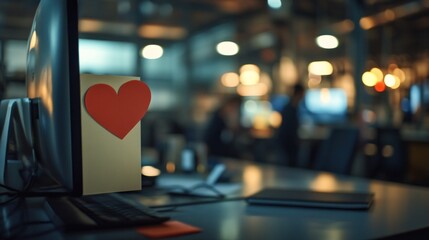 Fototapeta premium Red heart on note next to computer in office.