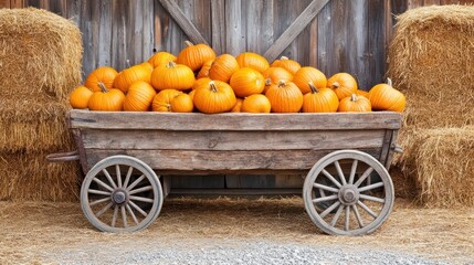 Fototapeta premium Rustic wooden wagon overflowing with vibrant orange pumpkins, flanked by hay bales against a weathered barn.