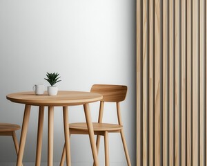 Minimalist hotel restaurant with sleek wooden tables, white walls, and soft ambient lighting, minimalist elegant restaurant, chic, refined