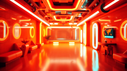 A dreamlike, surreal image of an empty orange room with neon lighting and futuristic interior design. Warm blurred bokeh effect, sharp subject focus, soft background, and fantastical elements in reds,