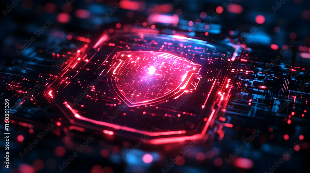 Poster abstract digital shield representing cybersecurity with vibrant colors and intricate patterns.