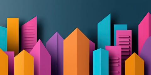 A vibrant, abstract city skyline featuring colorful geometric buildings in shades of pink, orange, and teal against a dark background.