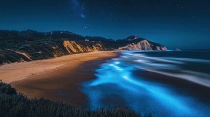 Fototapeta premium Bioluminescent waves illuminate a sandy beach at night under a starry sky.