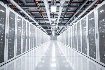 Rows of white server racks in a bright, reflective data center interior, showcasing advanced technology infrastructure on a sleek background. Ai generative