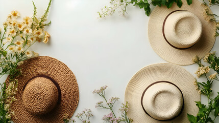A flat lay of straw hats surrounded by flowers, evoking a summer leisure vibe.