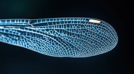 Close-up of a dragonfly's wing, showcasing intricate vein network and translucent texture against a dark background.