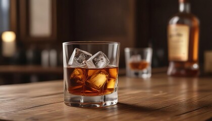 Single malt whiskey with ice cubes in tumbler glass on wooden table at elegant lounge, tumbler glass, premium drink