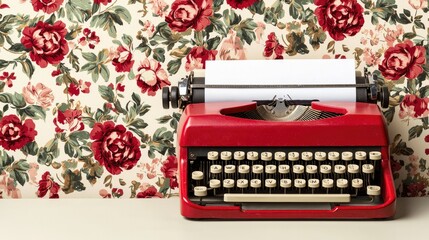 A vintage red typewriter sits on a table in front of a floral wallpaper, evoking a nostalgic and artistic atmosphere.