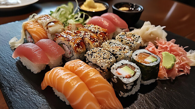 A plate of sushi with a variety of different types of sushi on it