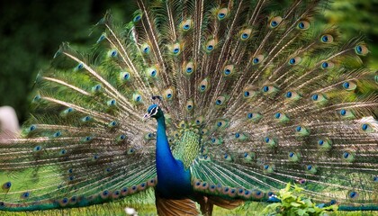 Obraz premium Elegant Peacock Fanning Its Vibrant Feathers in a Lush Garden Setting