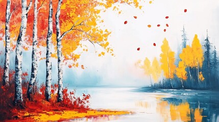 Autumnal birch trees reflected in a calm lake, with falling leaves.